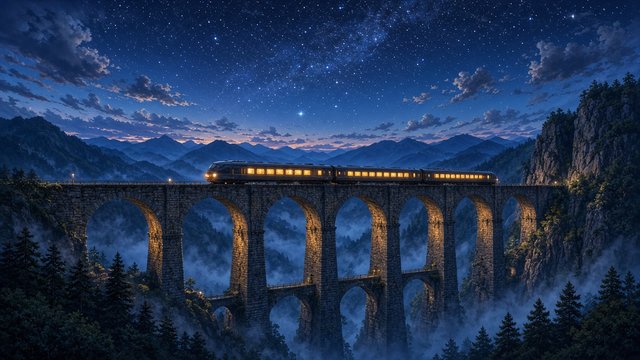 Anime style lit train crossing a tall stone bridge over a valley under a sky full of stars, original AI anime-style wallpaper