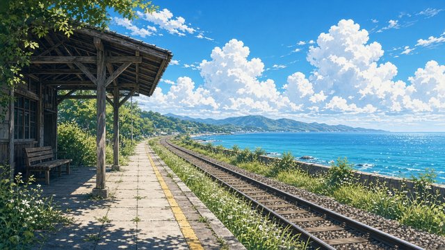 Anime-style scenery of a small empty countryside train platform by the sea under tall summer clouds, no signs, original AI anime-style wallpaper
