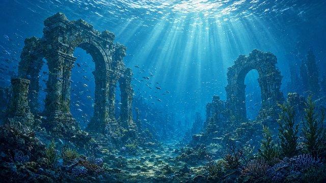 Anime-style underwater scenery of ancient stone ruins and broken arches on the sea floor, shafts of sunlight from the surface, schools of small fish, teal and blue palette, no people, original AI anime-style wallpaper