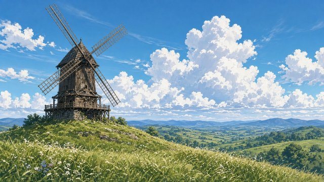 Anime-style scenery of an old wooden windmill on a grassy hilltop, wind sweeping the tall grass, huge white summer clouds and bright blue sky, no people, original AI anime-style wallpaper