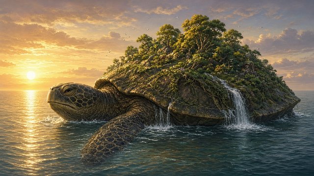 Colossal ancient sea turtle swimming through a calm ocean with a lush forest island and small waterfall growing on its shell, golden sunset light, epic fantasy creature, original AI character wallpaper