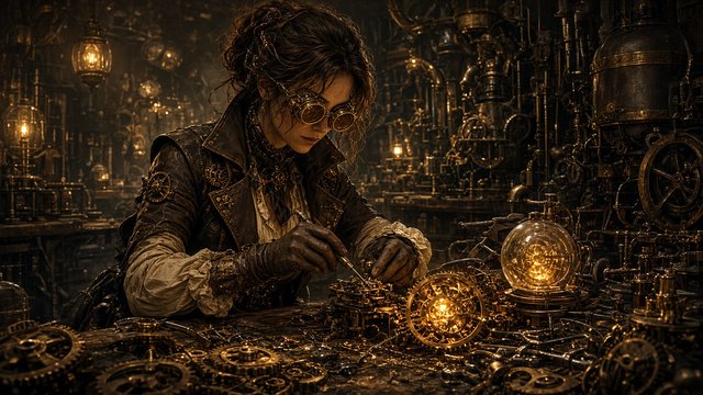 Original adult steampunk inventor woman with brass goggles working among glowing gears in a cluttered workshop, original AI character wallpaper