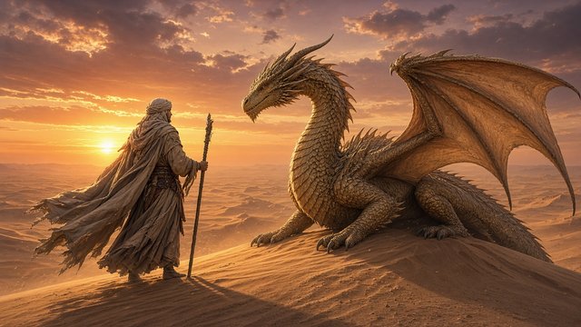 Original adult desert nomad in flowing robes standing beside a sand-colored dragon on a dune at sunset, original AI character wallpaper