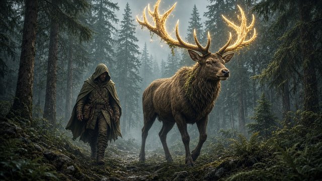 Original adult hooded forest ranger walking beside a giant glowing-antlered elk through a misty pine forest, original AI character wallpaper