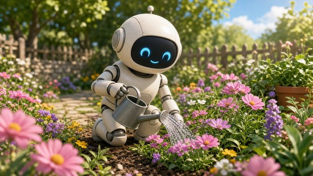Original small round friendly robot watering flowers in a sunny garden, stylized 3D animated-film render, original AI character wallpaper