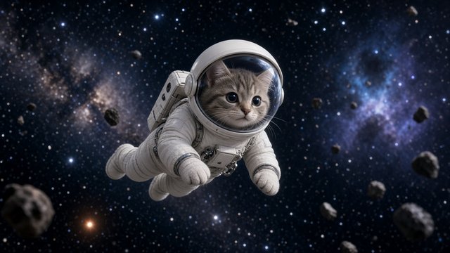 Original cat in a tiny astronaut suit floating among stars, playful 3D render, no patches, original AI character wallpaper