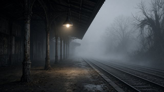 Empty abandoned train station platform in thick fog with a single hanging lamp glowing, cinematic mood, original AI cinematic wallpaper