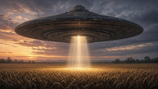 Enormous original alien spacecraft hovering over a wheat field at dusk with a beam of light, cinematic scene, original AI cinematic wallpaper