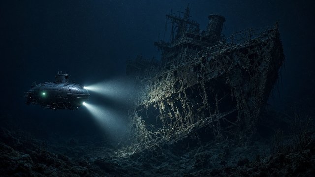 Small original research submarine shining searchlights on a giant shipwreck in the dark deep ocean, original AI cinematic wallpaper