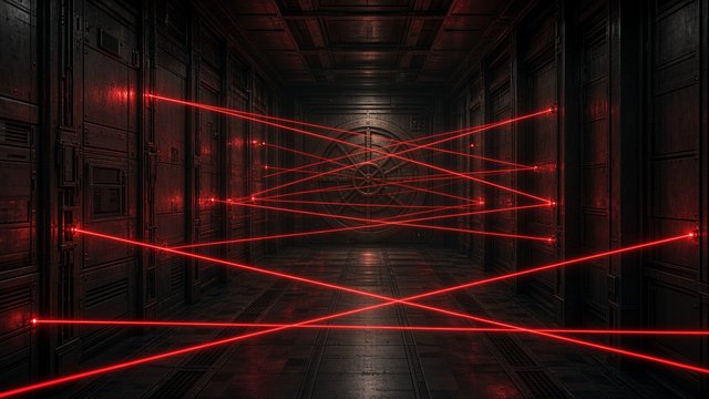 Bank vault corridor crisscrossed with red security laser beams, cinematic thriller lighting, no people, original AI cinematic wallpaper