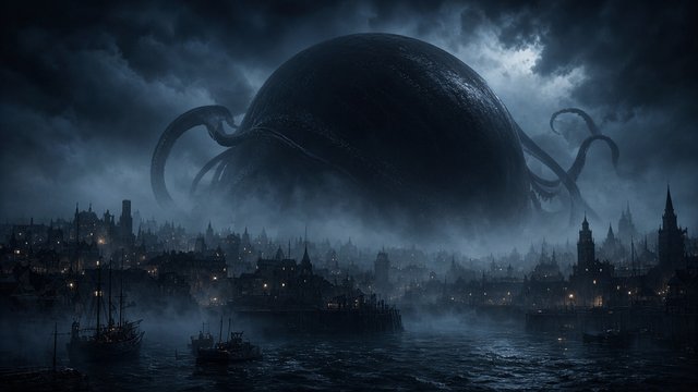 Silhouette of a colossal original tentacled sea leviathan with a smooth domed head and no dorsal spikes rising behind a foggy harbor city at night, original AI cinematic wallpaper