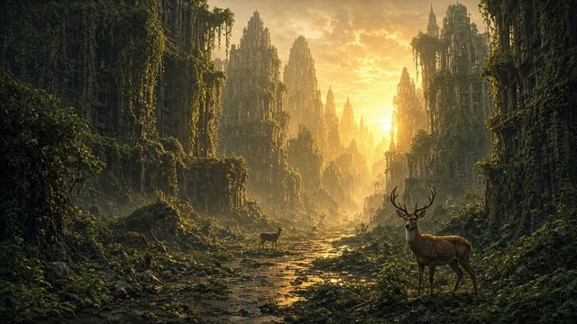Abandoned overgrown city with vines on skyscrapers and deer in the street, golden light, original AI cinematic wallpaper