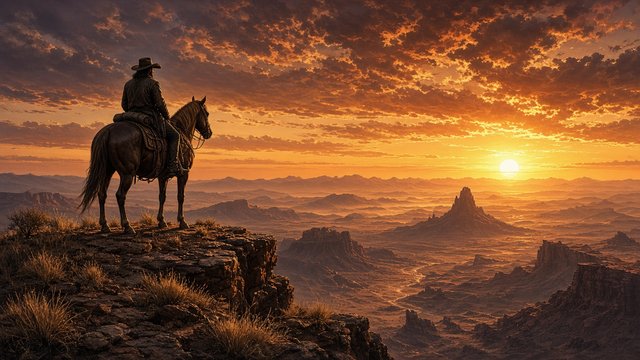 Lone original adult cowboy on horseback on a mesa at sunset, epic western movie frame, original AI cinematic wallpaper