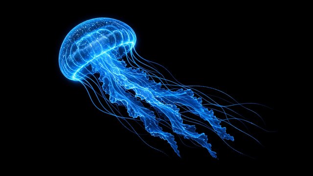 Single bioluminescent blue jellyfish with trailing glowing tentacles floating on a pure black background, original AI dark AMOLED wallpaper
