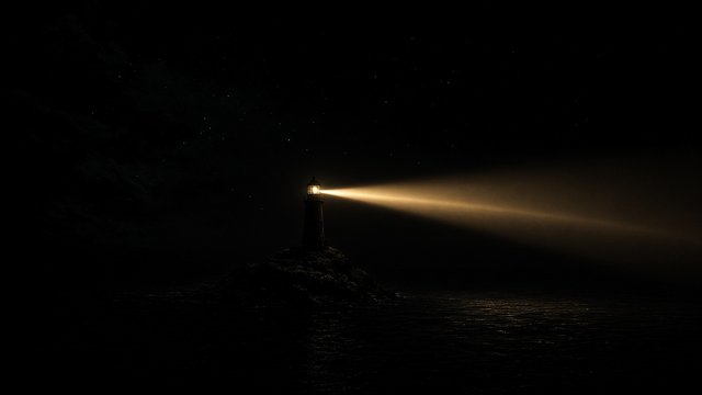 Tiny lighthouse silhouette on a rock casting one sharp warm light beam across a pitch black night sea and sky, mostly pure black, minimal, original AI dark AMOLED wallpaper
