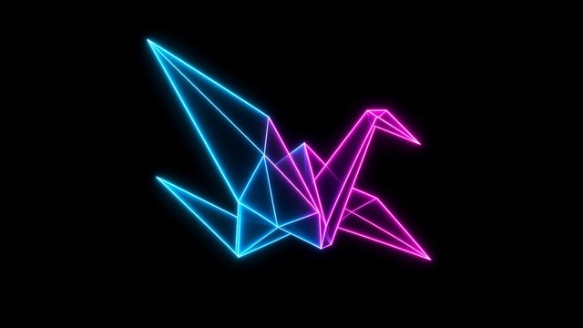 Single glowing cyan and magenta neon line-art origami paper crane floating on a pure black background, minimal, soft glow, original AI dark AMOLED wallpaper