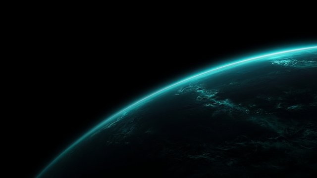 Thin glowing teal atmospheric edge of a dark planet curving across a pure black background, original AI dark AMOLED wallpaper