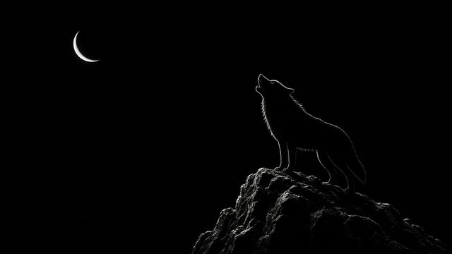 Silhouette of a wolf howling on a rock beneath a thin white crescent moon on a pure black background, original AI dark AMOLED wallpaper