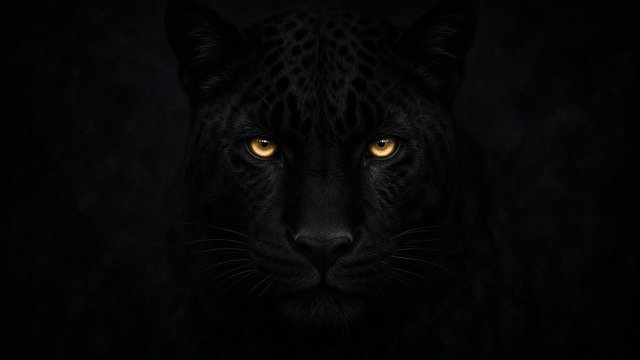 Black leopard face barely visible in total darkness, glowing golden eyes, mostly black frame, wildlife art, original AI dark AMOLED wallpaper