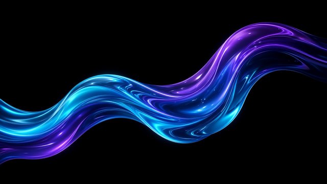 A flowing ribbon of electric cyan and violet liquid light on a pure black background