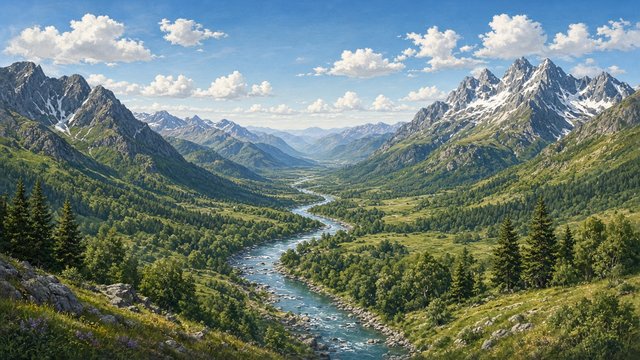 Very wide panoramic green valley with river and mountains, balanced across the frame, original AI device wallpaper