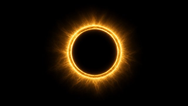 Centered glowing golden eclipse ring with soft corona on pure black, round composition, original AI device wallpaper