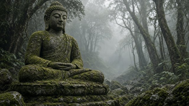 Weathered stone meditating Buddha statue covered in green moss in a quiet misty forest, original AI spiritual wallpaper