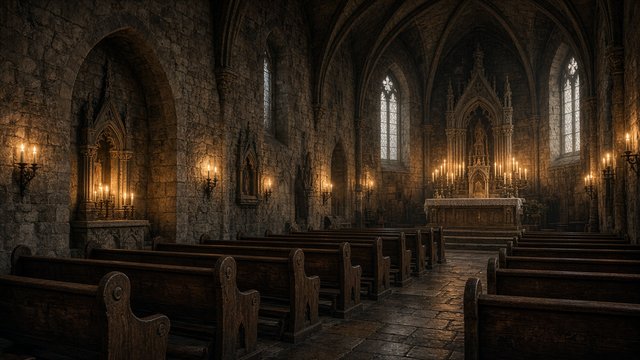 Quiet stone chapel interior with rows of wooden pews and many candles glowing warmly, soft light, original AI spiritual wallpaper