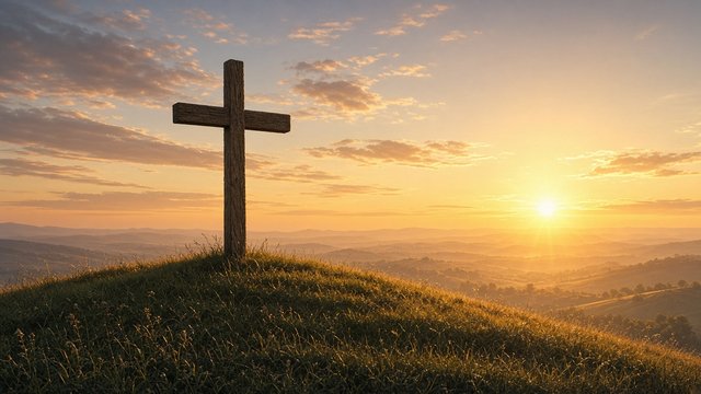 Simple wooden cross on a grassy hill at sunrise, soft golden light, peaceful, original AI spiritual wallpaper