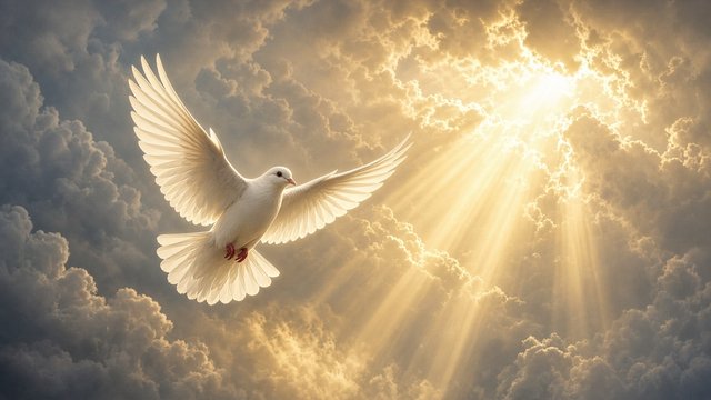 White dove flying through golden rays of light breaking through soft clouds, original AI spiritual wallpaper