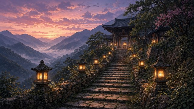Stone staircase lined with glowing lanterns climbing toward a quiet mountain temple at dusk, original AI spiritual wallpaper