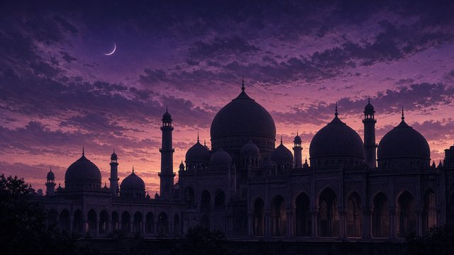 Elegant mosque domes and arches silhouetted against a purple dusk sky with a crescent moon, original AI spiritual wallpaper