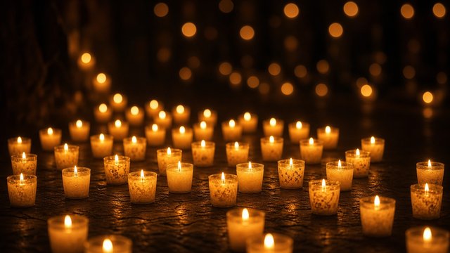 Rows of small glowing prayer candles in a dark quiet space, warm bokeh, original AI spiritual wallpaper