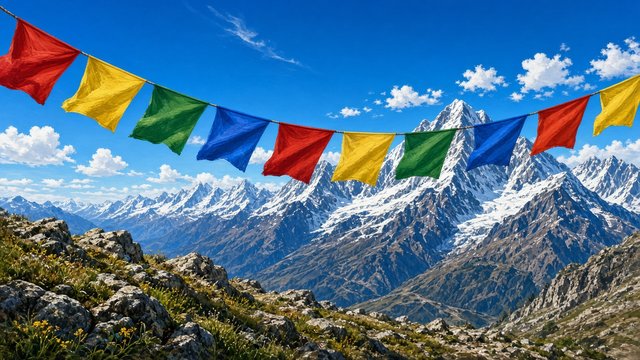 Colorful plain prayer flags fluttering on a mountain pass with snowy peaks behind, bright blue sky, original AI spiritual wallpaper