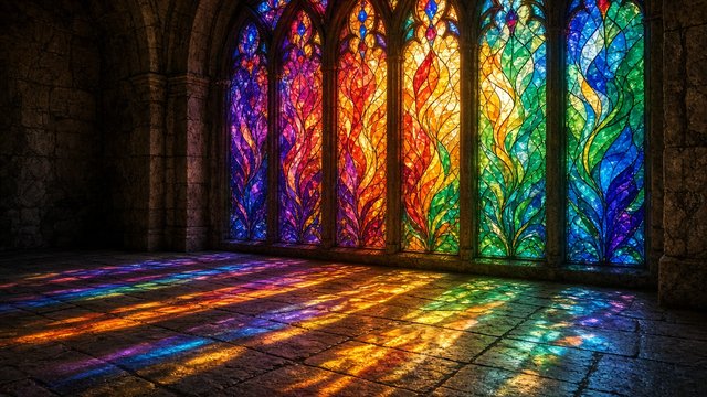 Sunlight streaming through abstract colorful stained glass windows casting rainbow patterns on stone floor, original AI spiritual wallpaper