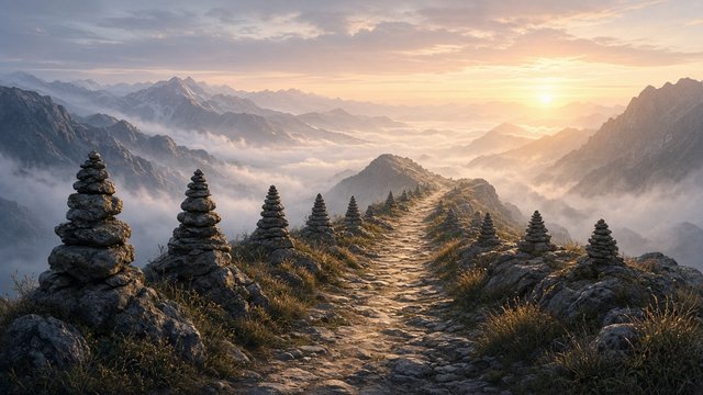 Balanced stone cairns lining a narrow mountain pilgrim path toward a soft sunrise, mist in the valleys below, peaceful and contemplative, original AI spiritual wallpaper