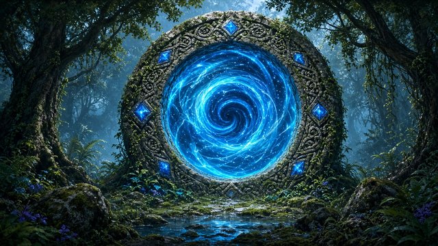 Glowing magical stone portal ring in an ancient forest clearing, swirling blue light, original AI fantasy wallpaper