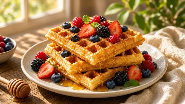 Golden waffles with honey drizzle and fresh berries in morning light, original AI food wallpaper