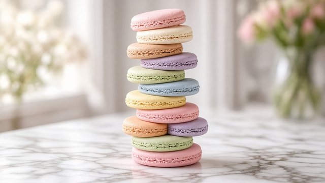 Tower of pastel colored macarons on a white marble table with soft light, original AI food wallpaper