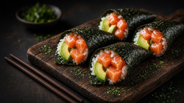 Fresh seaweed hand rolls with salmon and avocado on a dark wooden board with chopsticks, moody food photography, original AI food wallpaper