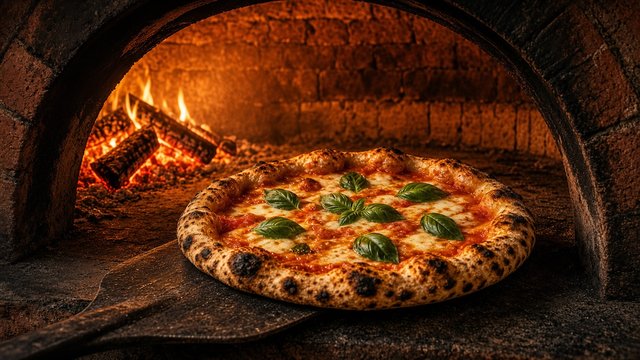 Fresh wood-fired pizza with basil coming out of a glowing brick oven, rustic, original AI food wallpaper