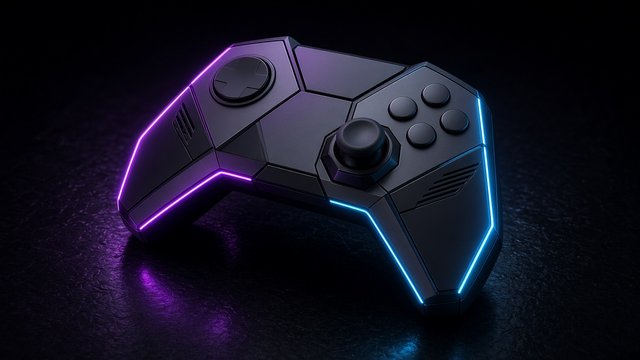 Fictional futuristic game controller with an angular asymmetric hexagonal shell and no touchpad, plain blank unlabeled buttons with no symbols, original design unlike any console brand, glowing with neon edge light on a dark reflective surface, original AI gaming wallpaper