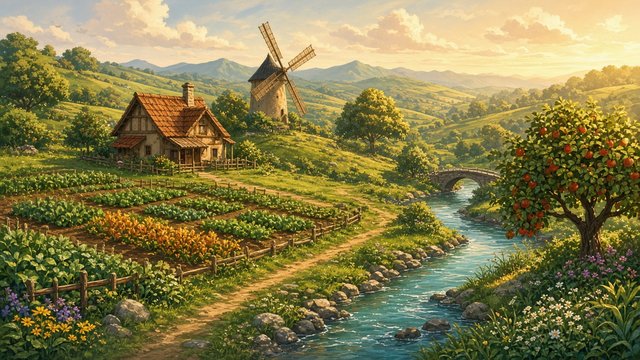 Stylized cozy farming video game world, small farmhouse, crop fields, windmill, river and fruit trees in a green valley, warm afternoon light, original game art, original AI gaming wallpaper
