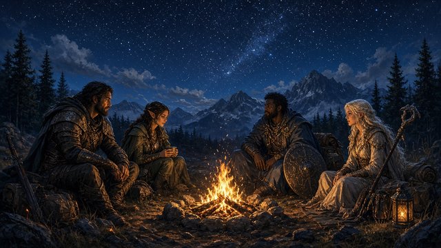 Original fantasy RPG party of four adult adventurers resting by a campfire under stars, painterly, original AI gaming wallpaper