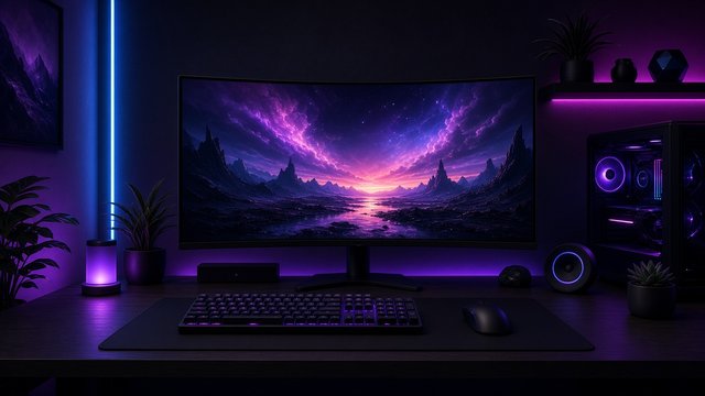 Clean dark gaming desk setup with RGB lighting, curved monitor showing an abstract landscape, no brands, original AI gaming wallpaper