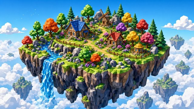 Colorful isometric low-poly floating island with tiny houses, waterfall and trees, game art style, original AI gaming wallpaper