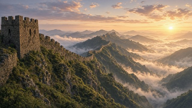 Ancient stone wall winding over misty green mountain ridges at sunrise, original AI history wallpaper