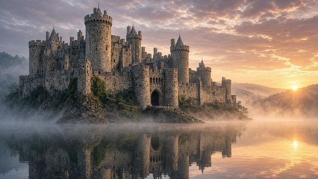 Massive medieval stone castle with towers reflected in its moat at sunrise, mist over the water, original AI history wallpaper