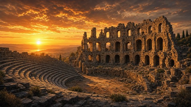 Ancient stone amphitheater ruins glowing in warm sunset light, dramatic sky, no people, original AI history wallpaper