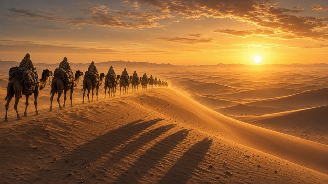 Historic camel caravan with adult traders and laden camels crossing tall golden sand dunes at sunset, long shadows, ancient trade route, dust in the air, original AI history wallpaper